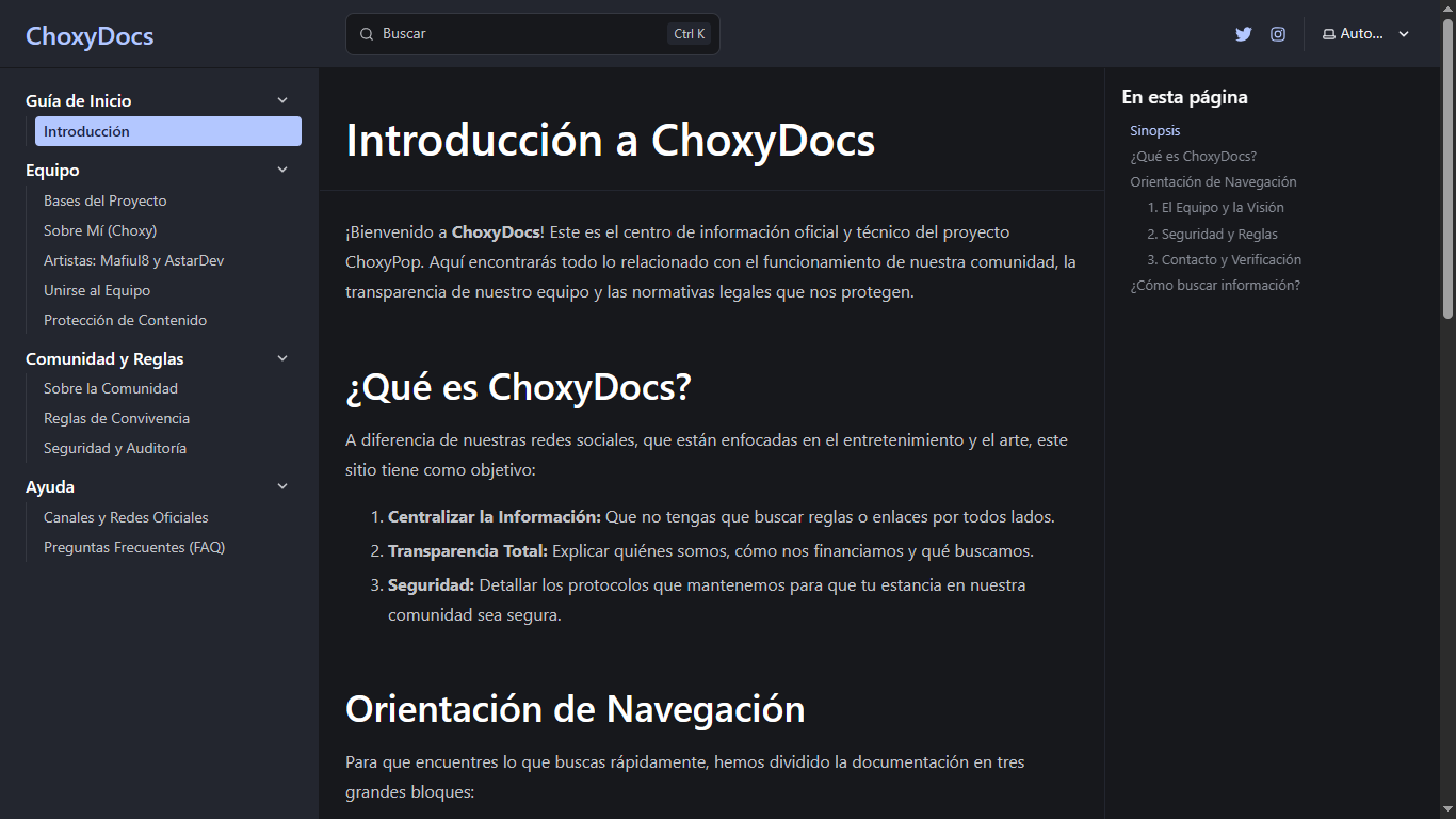 Vista previa de la interfaz de navegación de ChoxyDocs